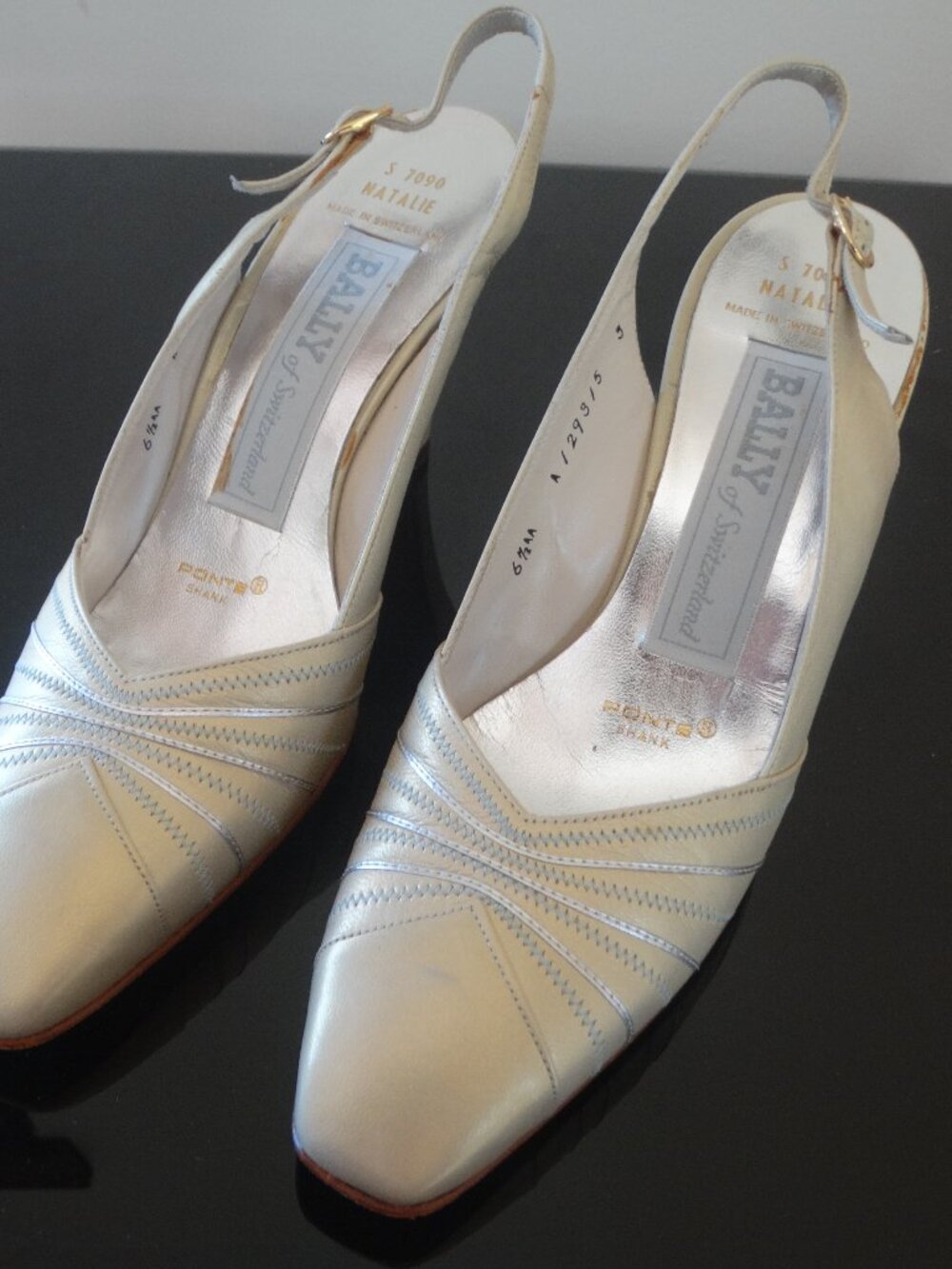 BALLY of Switzerland NATALIE Ponte Shank Leather Slingback Heels 6.5AA, shimmer